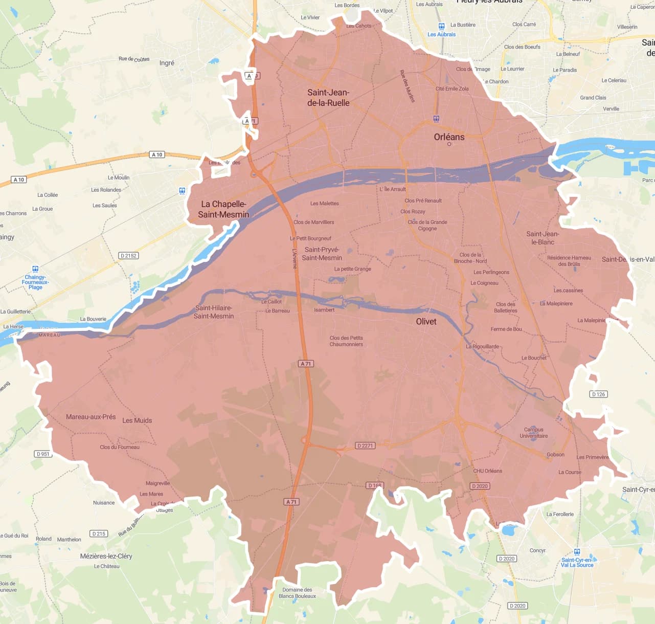 Carte de la zone d'intervention pour l'hypnose à domicile dans l'agglomération orléanaise