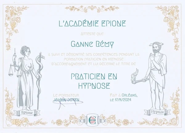 Certificat de praticien en hypnose de Rémy Ganne